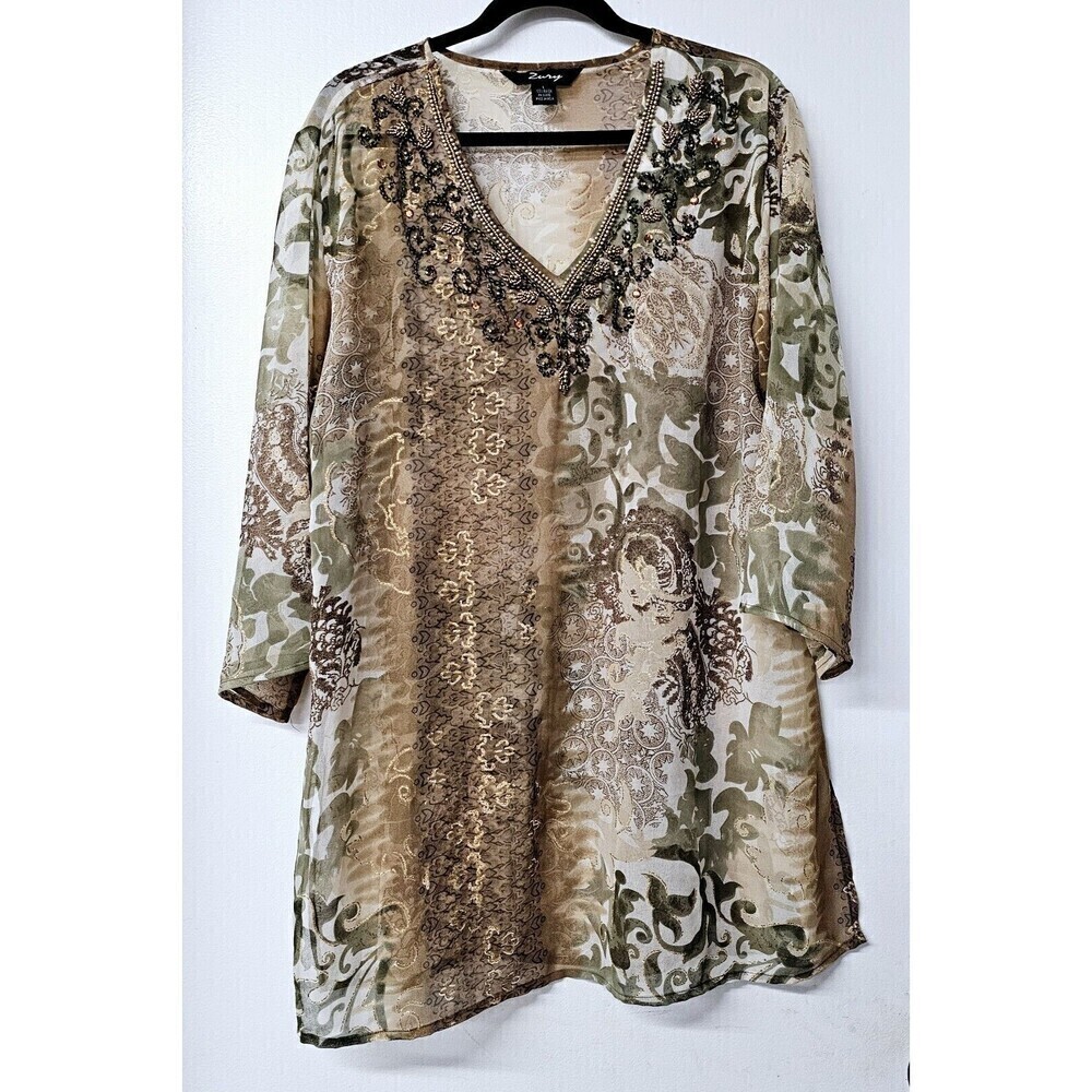 ZURY Earth Tones Oversized Beaded Sequin Glitter Long Sleeve Women Shirt Top (L)